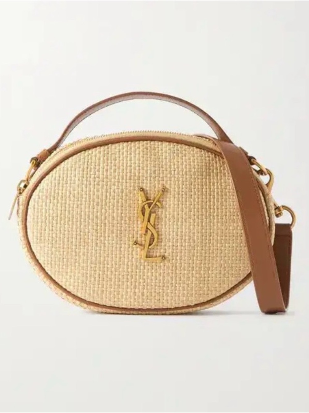 Yves Saint Laurent Cassandre Raffia Oval Bag with Leather Trim